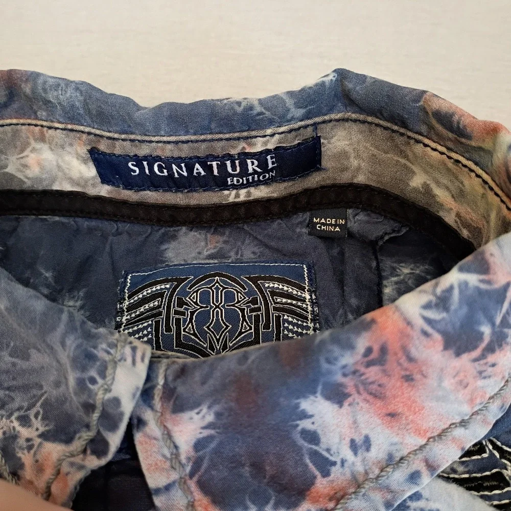 Roar Signature Edition Shirt Mens Medium Blue Tie Dye Tribal Embroidered Western